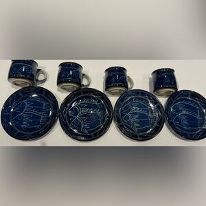 Japanese Aizome (indigo dyeing) plate and cup Fish Design Stoneware set of 4.